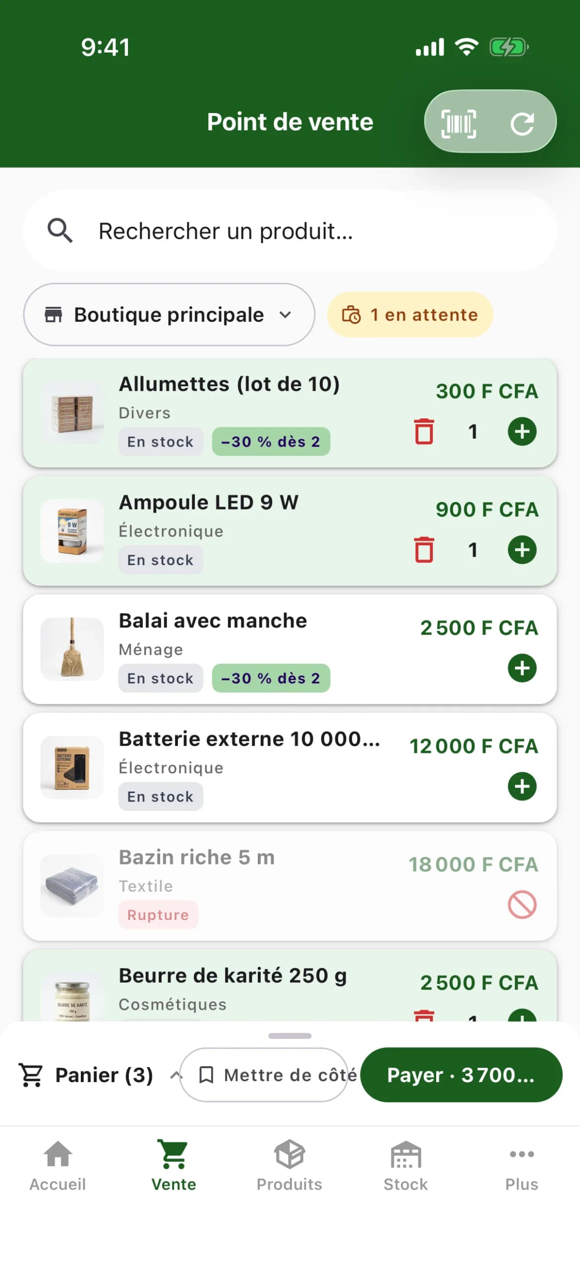 Point de vente StockPlus avec scanner de code-barres