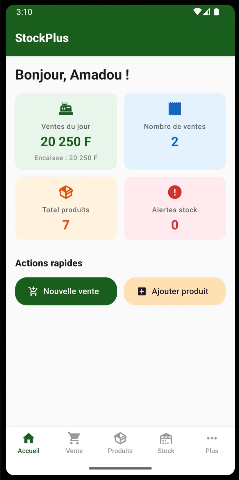 Écran d'accueil StockPlus